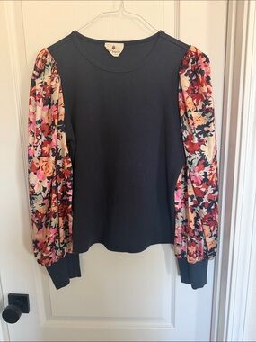 Black Pullover Top with Floral Puff Sleeves